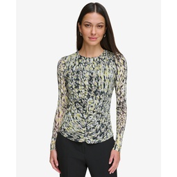 Womens Shirred Abstract-Print Long-Sleeve Top