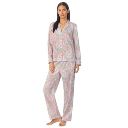 Womens Multi-Paisley Sateen Long-Sleeve Top and Pajama Pants Set