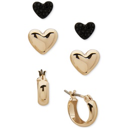 Gold-Tone 3-Pc. Set Black Heart Hoop & Stud Earrings