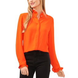 Womens Ruffled-Collar Button-Front Long-Sleeve Blouse