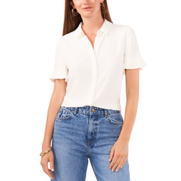 Womens Solid-Color Ruffled-Sleeve Camp Shirt