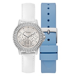 Womens Multi-Function White Genuine Leather Watch 36mm Gift Set