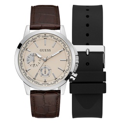 Mens Multi-Function Brown Genuine Leather Watch 44mm Gift Set