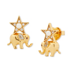 Gold-Tone Pave & Imitation Pearl Elephant Stud Earrings