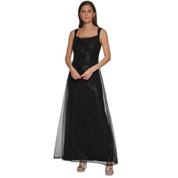 Womens Sequin Tulle-Mesh Sleeveless Gown