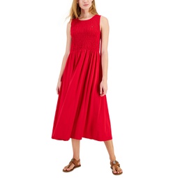 Womens Solid-Color Smocked Sleeveless Dress