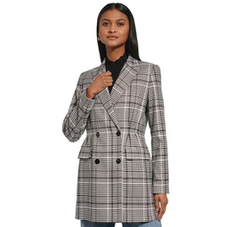 Womens Plaid Long Double-Breasted Blazer