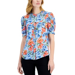 Womens Floral-Print Puff-Sleeve Mandarin-Collar Top
