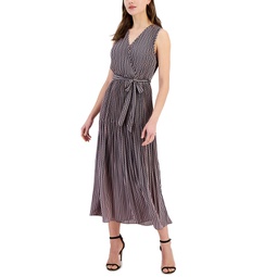 Womens Printed Faux-Wrap Sleeveless Pleated Fit & Flare Midi Dress