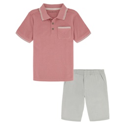 Little Boys Monogram Pocket Pique Short Sleeve Polo Shirt and Twill Shorts 2 Piece Set