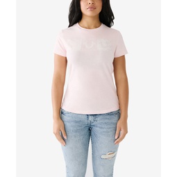 Womens Short Sleeve Crystal Horseshoe Crewneck T-shirt
