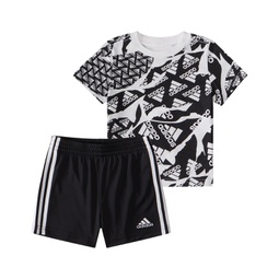 Baby Boys Printed T Shirt and 3 Stripe Shorts 2 Piece Set