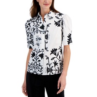 Womens Printed Puff-Sleeve Button-Front Shirt