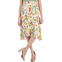 Womens Floral-Printed Pull-On Pleated Midi Skirt