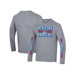 Mens Heather Gray Distressed New York Rangers Tri-Blend Dual-Stripe Long Sleeve T-shirt