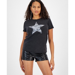 Womens Star Face Cotton Rhinestone-Graphic T-Shirt
