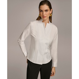Womens Stand Collar Button Front Cotton Shirt