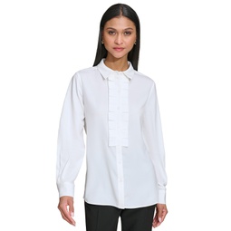 Womens Collared Pleat-Front Long-Sleeve Top