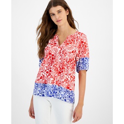 Womens Cotton Floral-Print Puffed-Sleeve Top