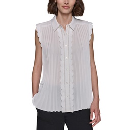 Womens Scalloped Pleated Button-Down Top