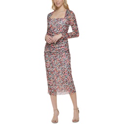 Womens Harbour Floral Mesh Ruched Midi Dress