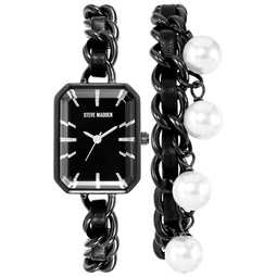 Womens Black Alloy Chain with Black Insert Bracelet Set Watch 22mm