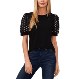 Womens Crew Neck Embroidered Puff-Sleeve Knit Top