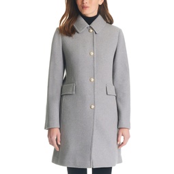 Womens Single-Breasted Imitation Pearl-Button Wool Blend Coat