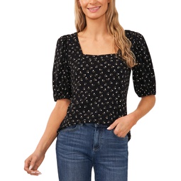 Womens Printed Square-Neck Puff-Sleeve Knit Top