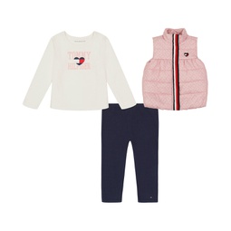 Toddler Girls Puffer Vest Long Sleeve Logo T-shirt and Leggings 3 Piece Set