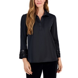 Womens Embellished-Sleeve Collared Blouse