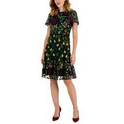 ASL Petite Embroidered Short-Sleeve A-Line Dress