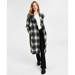 Womens Plaid Long-Sleeve Belted Wrap Coat
