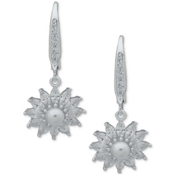 Silver-Tone Imitation Pearl & Crystal Flower Leverback Drop Earrings