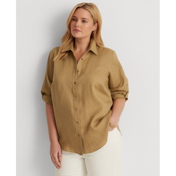 Plus Size Linen Roll-Tab Sleeve Top