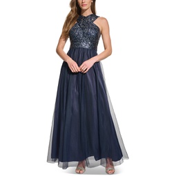 Womens Wrap-Neck Sleeveless Sequin Tulle Gown