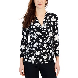 Womens Printed Faux-Wrap 3/4-Sleeve Top