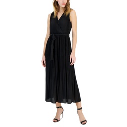 Womens Faux-Wrap Sleeveless Pleated Fit & Flare Maxi Dress