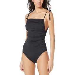 Womens Shirred Tie-Strap One-Piece Swimsuit