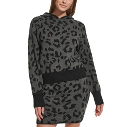 Womens Hooded Animal-Print Pullover Sweater