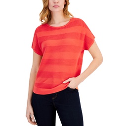 Womens Striped Ribbed Short Sleeve Crewneck Sweater