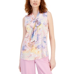 Womens Floral-Print Tie-Neck Sleeveless Top