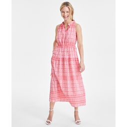 Womens Sleeveless Halter-Neck Cotton Midi Dress