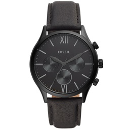 Mens Fenmore Multifunction Black Leather Watch 44mm