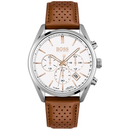 BOSS Mens Chronograph Champion Brown Perforated Leather Strap Watch 44mm