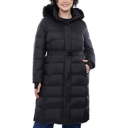 Womens Plus Size Shine Belted Faux-Fur-Trim Hooded Puffer Coat