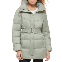 Petite Belted Hooded Puffer Coat