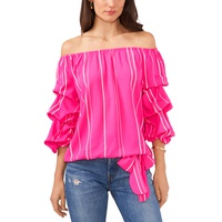 Womens Striped Off The Shoulder Bubble Sleeve Tie Front Blouse