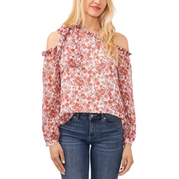 Womens Long Sleeve Cold-Shoulder Bow Floral-Print Blouse