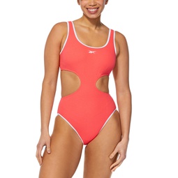 Womens Cutout Piping-Trim Tank One-Piece Swimsuit
